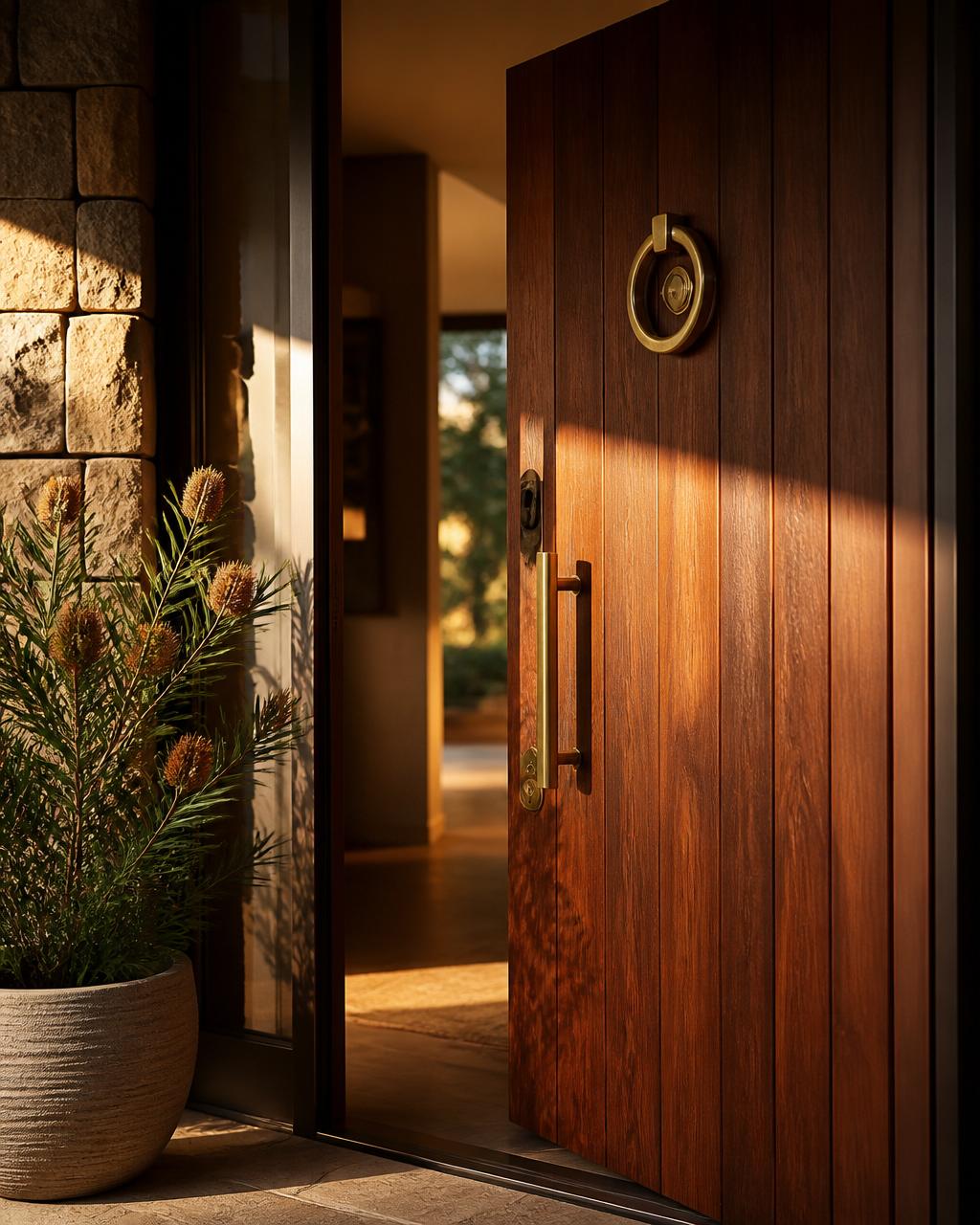 A beautifully crafted timber front door with brass hardware, warm light spilling from within.