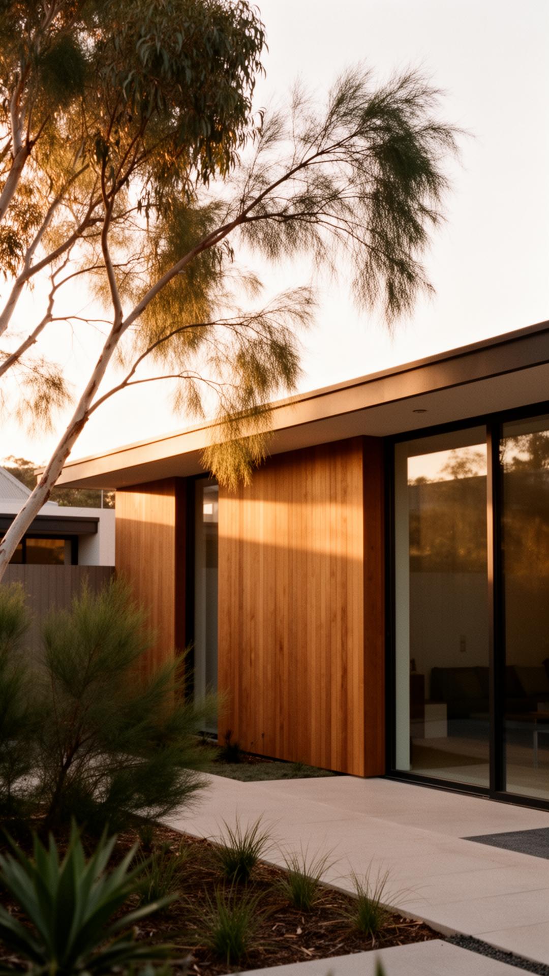 A modern Australian home at golden hour, surrounded by native eucalyptus.