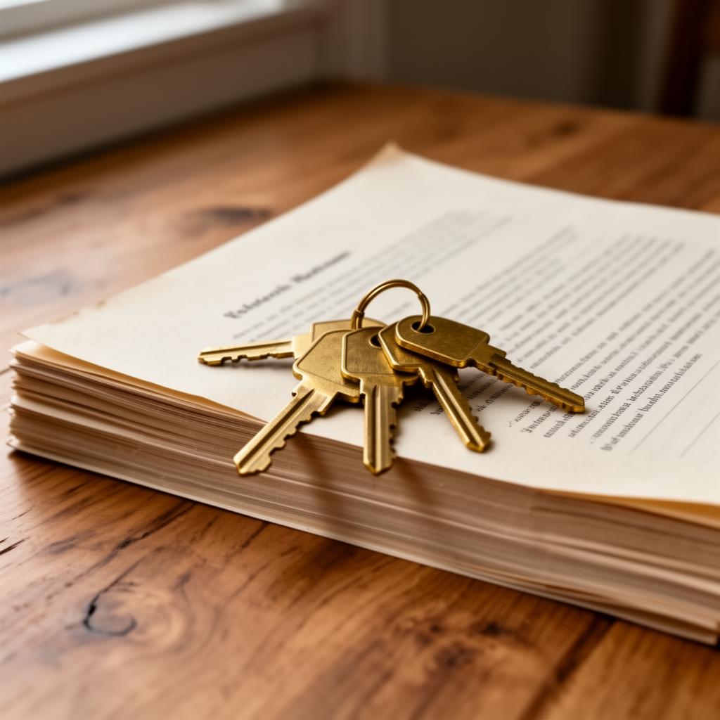 A set of brass keys resting on a stack of contract papers.