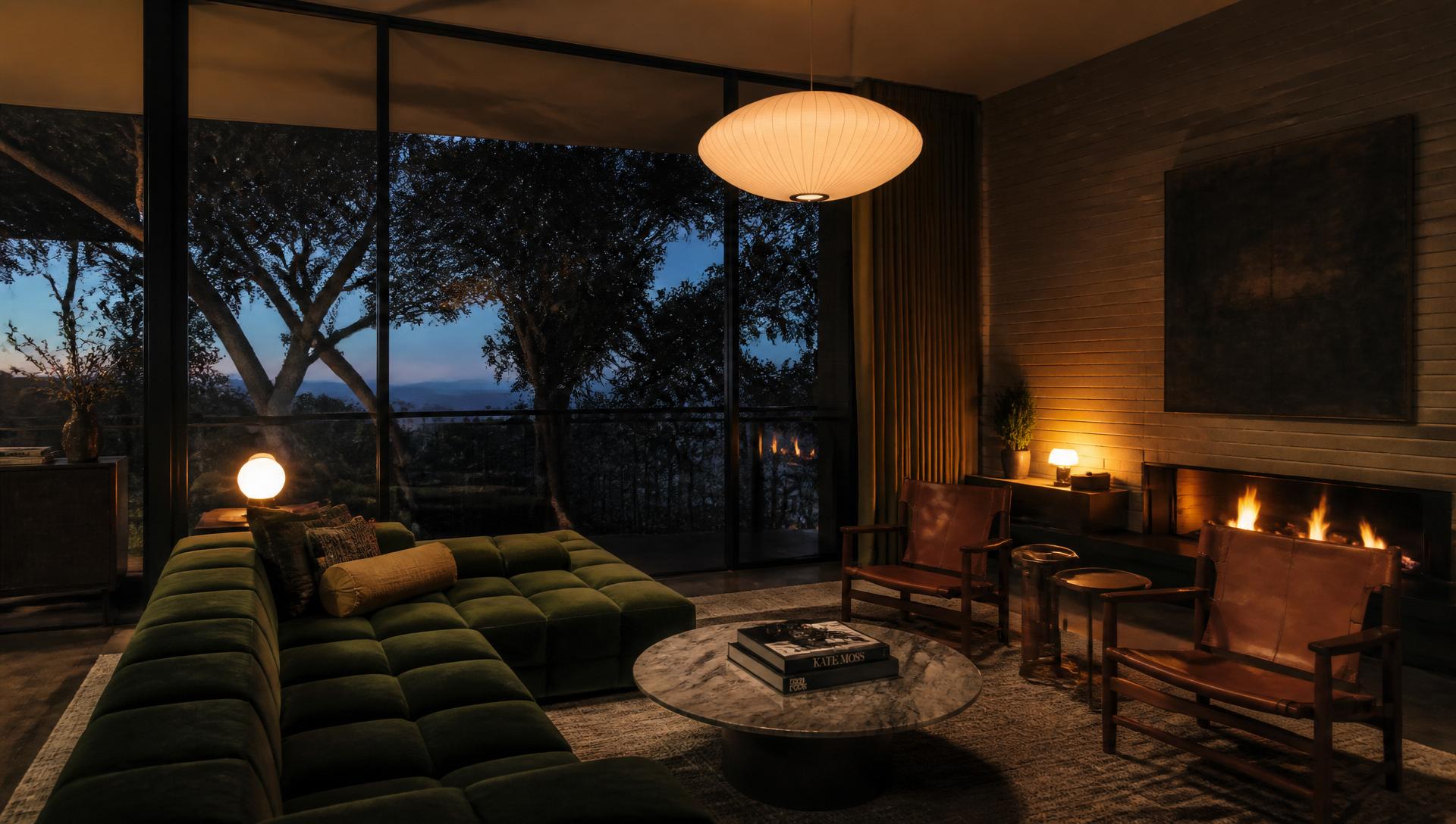 A moody Australian living room at dusk, warm lamplight against twilight windows.